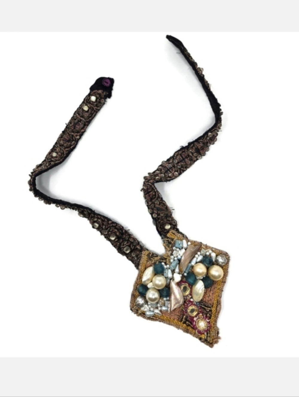 OOAK Vintage Indian Textile Embroidered Beaded Statement Necklace Wearable Art